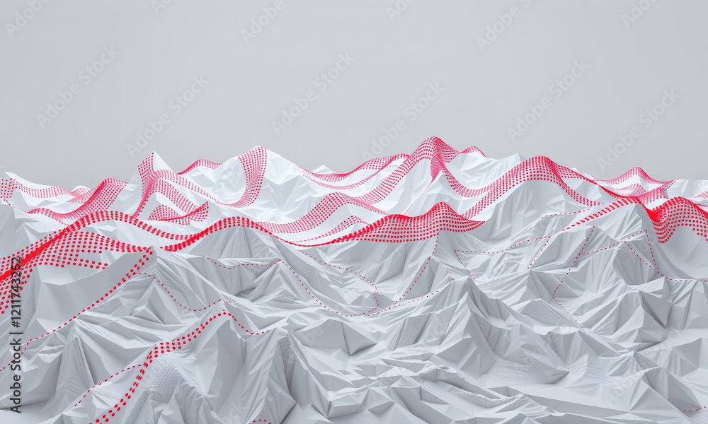 Poster Abstract landscape with textured white mountains and red dotted lines, creating modern and artistic representation of terrain. design evokes sense of depth and creativity