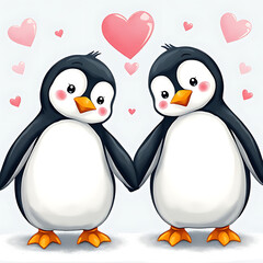 Fototapeta premium two cute penguins with heart shapes floating 