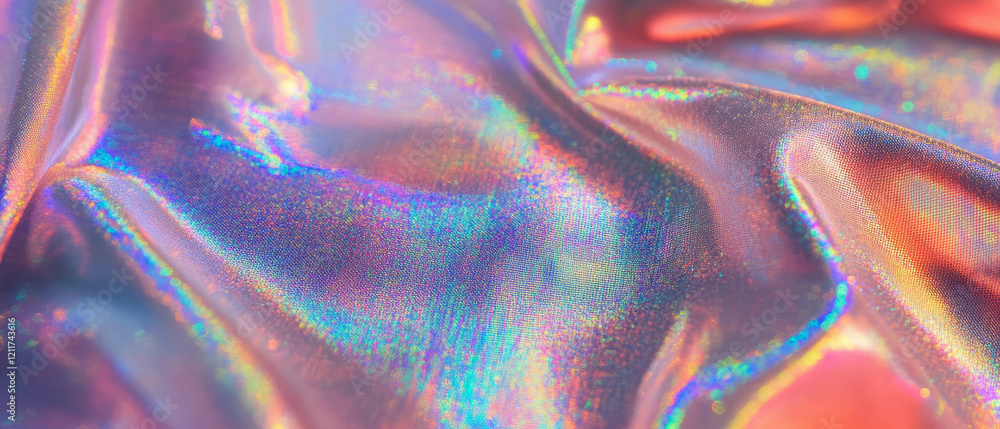 Poster textured shiny nylon fabric with vibrant colors and abstract shapes reflecting light