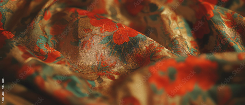 Poster elegant silk brocade with floral patterns showcasing intricate textures and vibrant colors