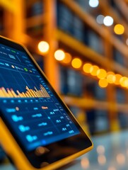 Tablet Displaying Risk Assessment Tools for Supply Chain Resilience in a Logistics Center