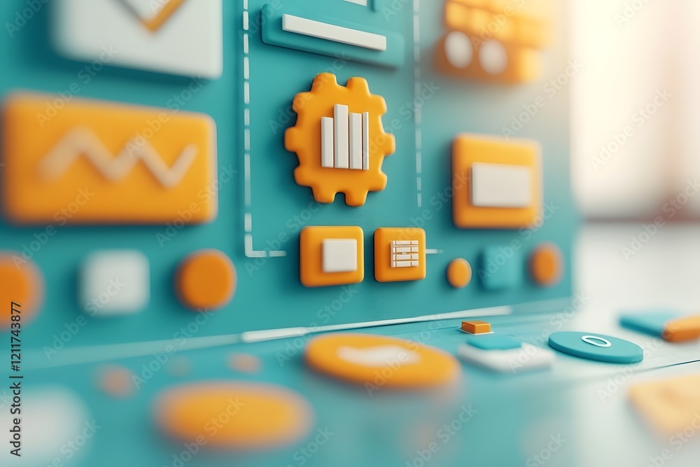Poster futuristic 3d diagram visualizing organizational change and digital transformation
