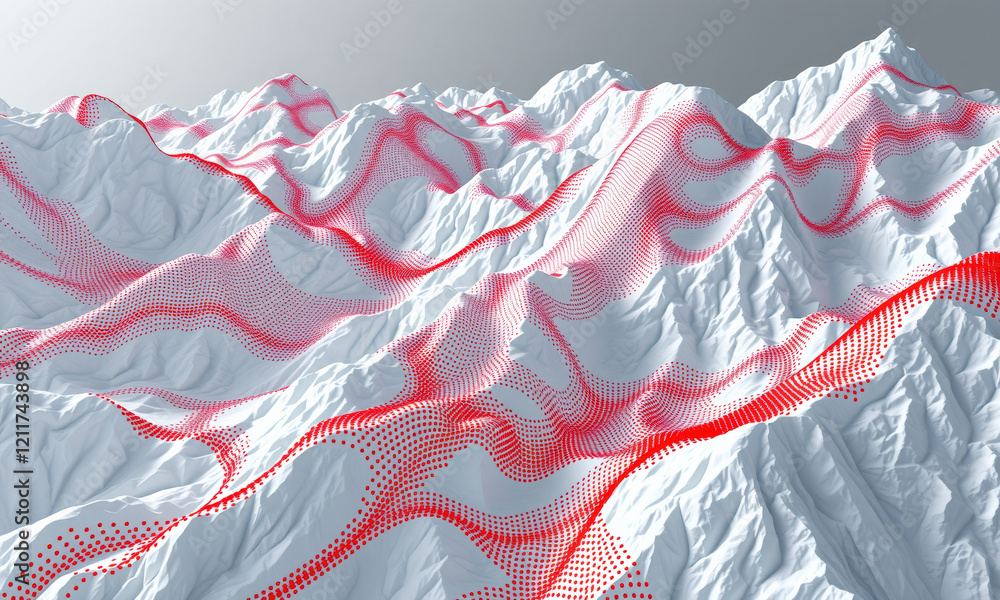 Poster abstract landscape with red dotted patterns on white mountains, creating striking visual contrast an