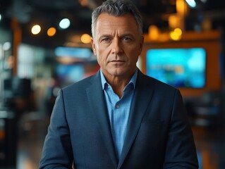 Fototapeta premium News anchor, presenting breaking news, serious expression, TV studio background, confident