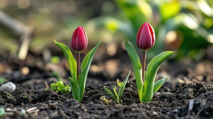 Sprouting tulip bulbs in early spring garden