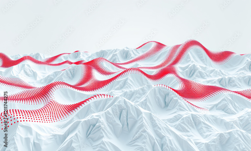 Poster abstract landscape with red dotted waves over white mountains, creating modern and artistic visual. 