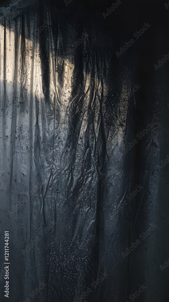 Poster reflection of light on a textured curtain creating a moody atmosphere in a dimly lit room with moist