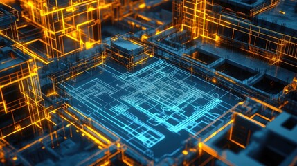Fototapeta premium High-tech construction site with glowing blueprints