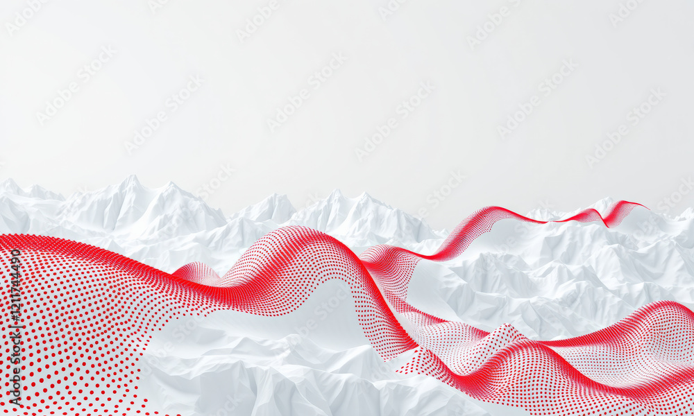 Poster abstract landscape with red dotted waves over white mountains, creating modern and artistic visual. 