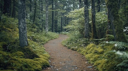 Obraz premium Winding forest path, lush greenery, misty day, nature background, travel imagery