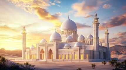 Obraz premium Majestic Arabian Palace Surrounded by Intricate Domes and Arches, Bathed in the Glow of a Sunset Sky, Perfect for Cultural and Architectural Themes
