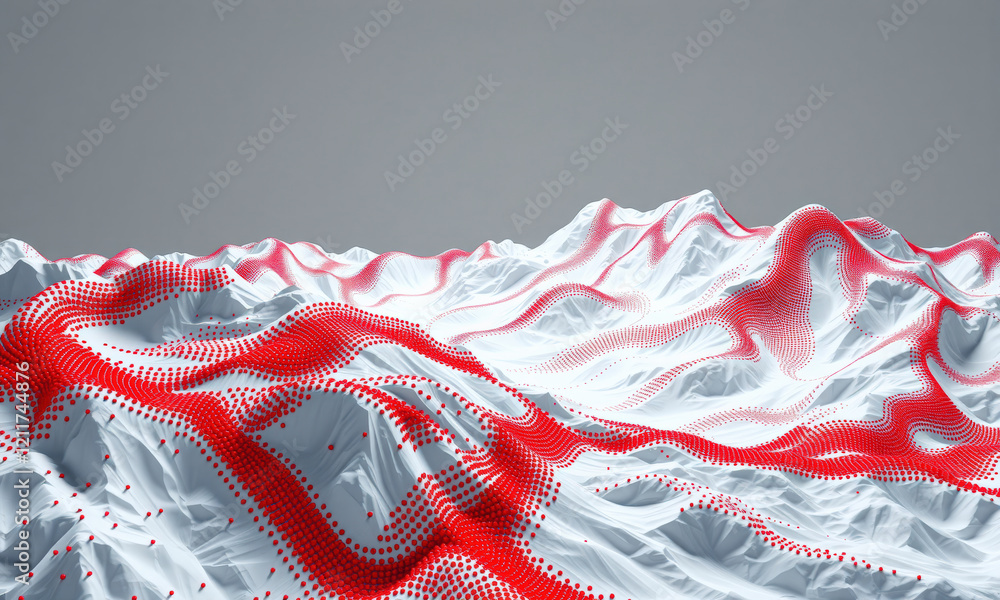Poster abstract landscape with red and white wave patterns creating dynamic visual effect, evoking sense of