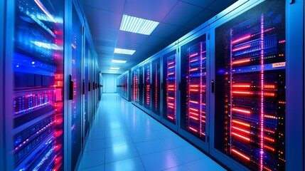 Futuristic Data Center with Colorful LED Lighting and Servers