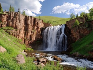 Obraz premium Majestic waterfall cascading down rocky cliffs, lush green valley, sunny day; nature background for travel brochure