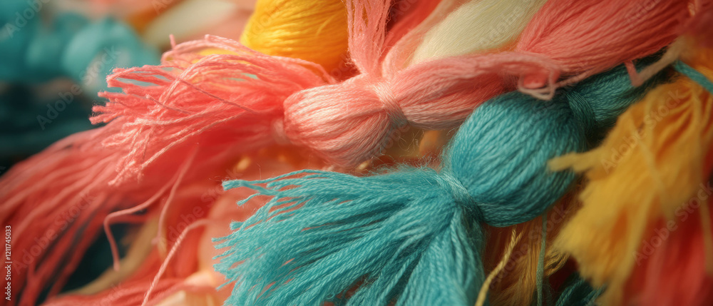 Poster vibrant silk tassels with intricate textures and flowing threads in bright colors