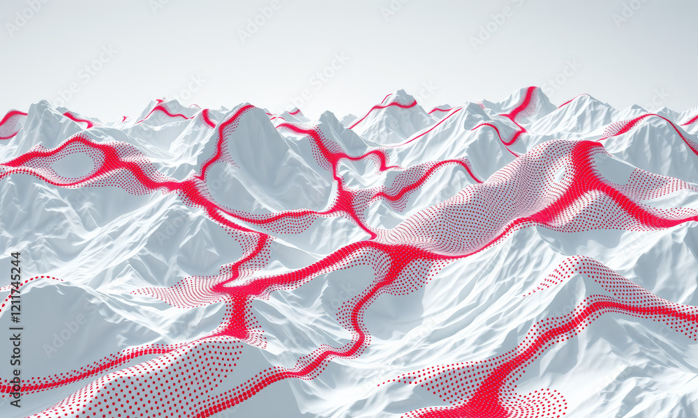 Poster abstract landscape with white mountains and red dotted patterns, creating striking visual contrast. 