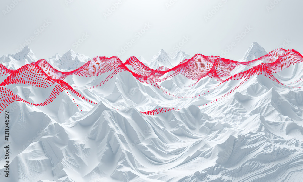 Poster stunning abstract landscape featuring white mountains with vibrant red wave pattern, creating striki