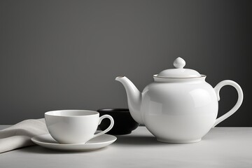 there is a white tea pot and a cup on a table