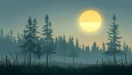 A scenic landscape with a large sun in the sky behind a misty forest.