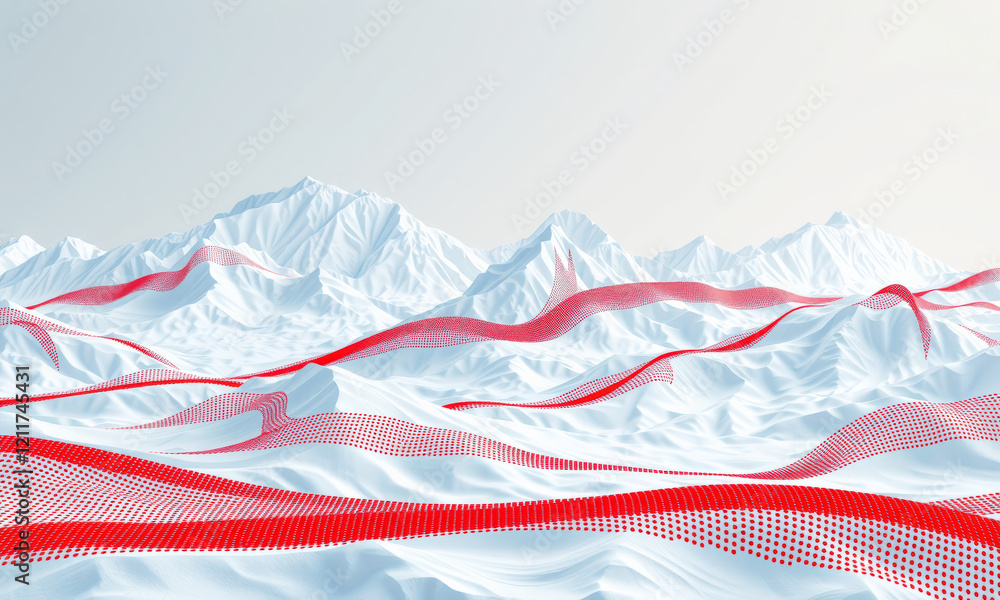 Poster abstract landscape featuring white mountains and red wave patterns, creating striking visual contras