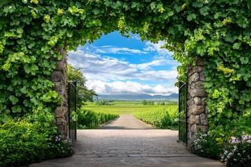 Naklejka premium Inviting Entrance to a Rustic Vineyard Framed by Lush Climbing Vines under a Bright Blue Sky – A Serene View into Verdant Landscapes