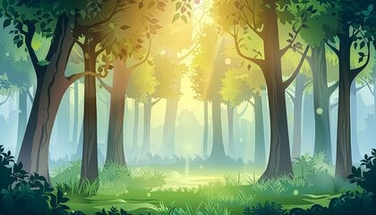 Obraz premium A sunlit clearing in a lush green forest, dappled sunlight streams through the canopy, casting a magical glow.