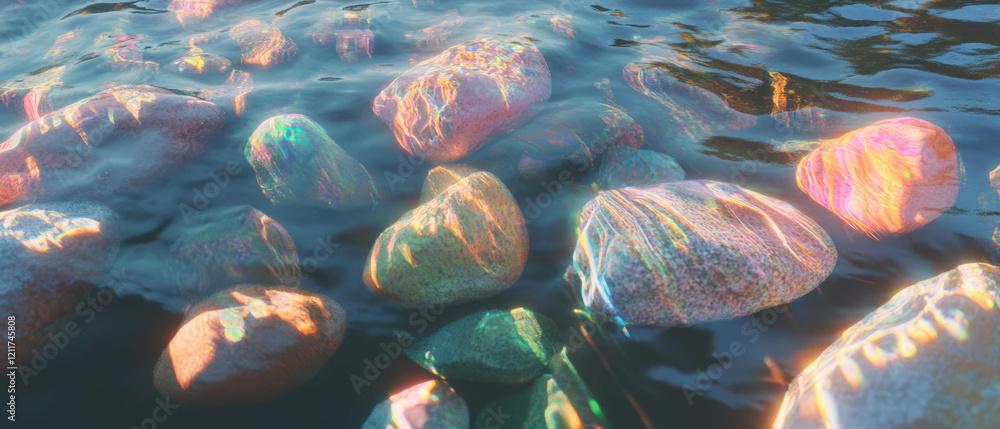 Poster smooth river stones display varied colors and rounded shapes beneath gentle water surface