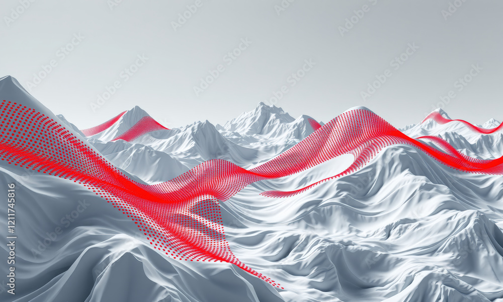Poster abstract landscape featuring white mountains with red wave patterns, creating striking visual contra