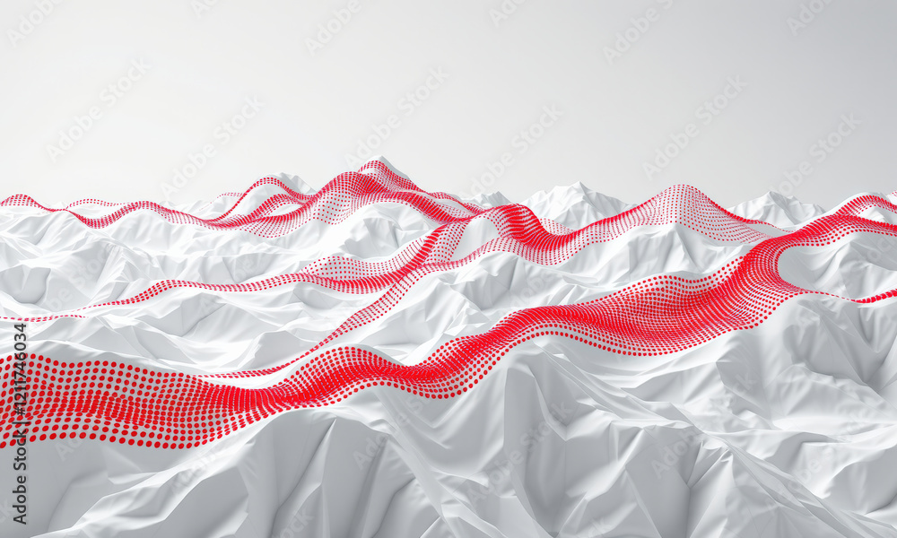 Poster abstract landscape with white mountains and red dotted lines creating modern design. scene evokes se