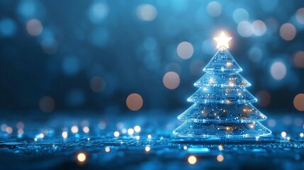 Futuristic Christmas tree made of circuit board. Digital Christmas tree. Technological New Year concept. Holiday celebration. Christmas, New Year, greetings. High Technology. Copy space area
