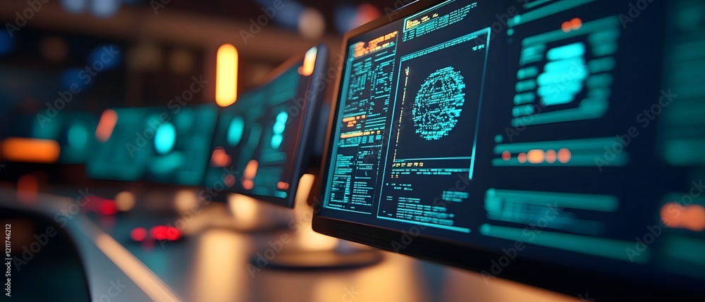 Poster high tech cyber threat hunting training lab with ai driven tools and futuristic digital dashboards