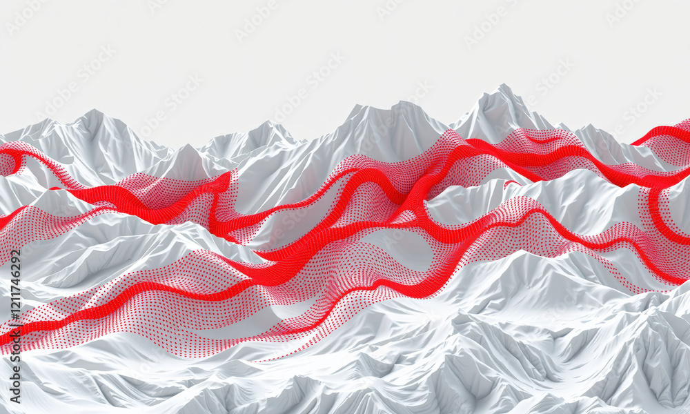 Poster abstract landscape featuring white mountains with red wave patterns, creating striking visual contra