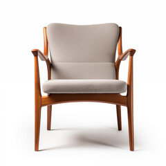 MidCentury Modern Armchair Beige Upholstery Wooden Legs Isolated