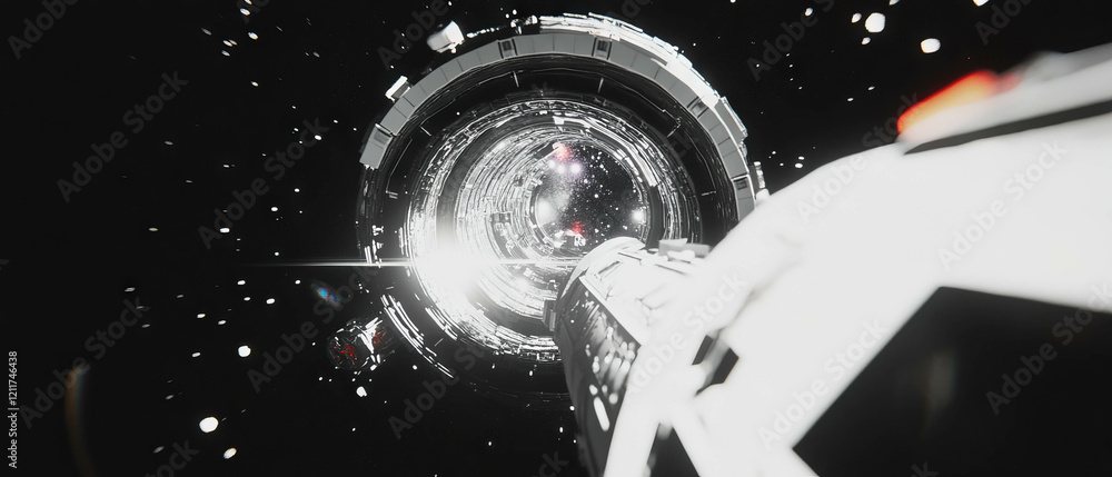 Poster details of metallic panels and textures on a space station hull in a deep space environment