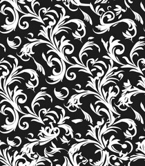 A floral pattern featuring white swirls and leaves on a black background.