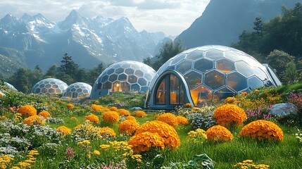 Futuristic geodesic dome homes nestled in a mountain meadow