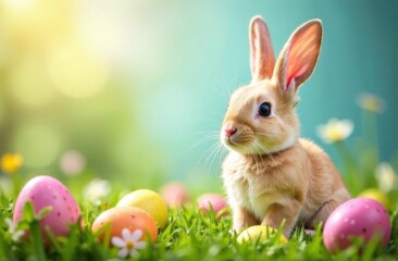 Fototapeta premium Cute brown bunny sitting on grass with colorful Easter eggs and daisies in a sunny springtime setting