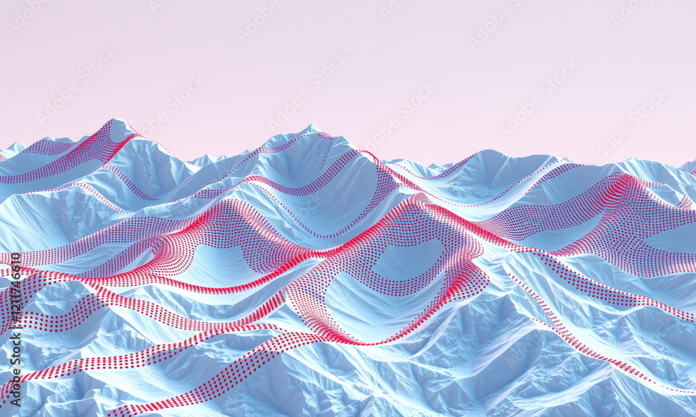 Aufkleber abstract landscape with wavy patterns in blue and red, creating surreal mountain scene. design evoke