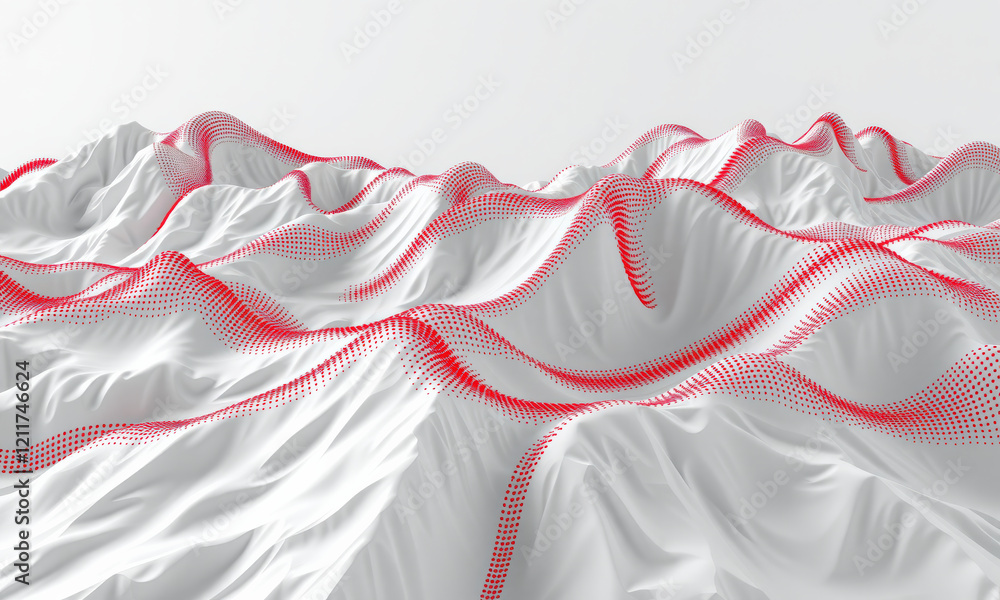Poster abstract landscape with white waves and red dotted lines creating dynamic visual effect, evoking sen