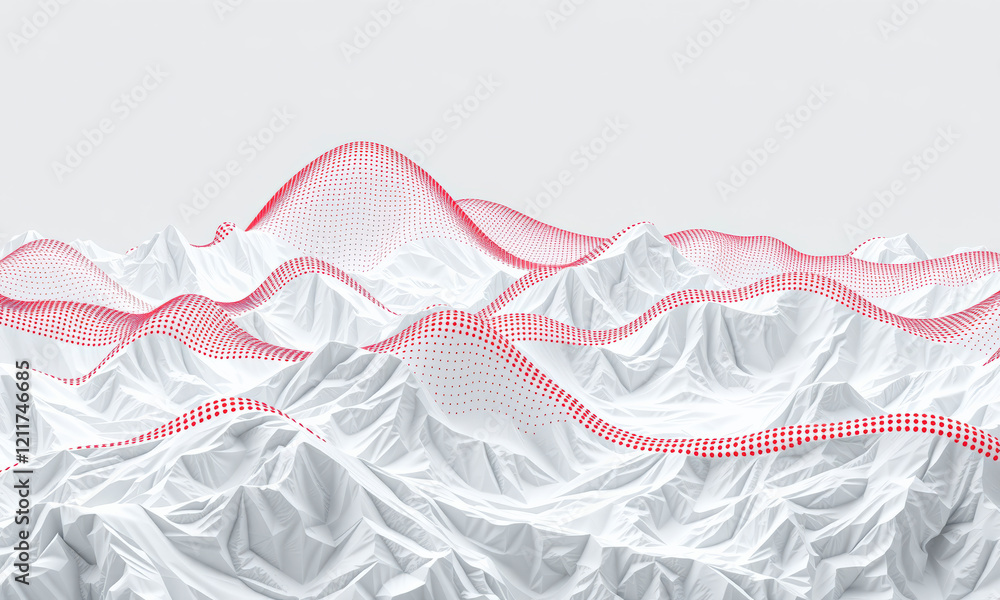 Poster abstract landscape with white mountains and red dotted lines creating dynamic visual effect, evoking
