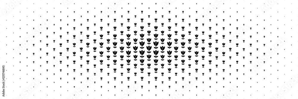 Poster horizontal halftone of black bloom flower spread from center for pattern and background.