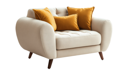 Comfortable and stylish armchair with decorative cushions set in a modern living room isolated on transparent background