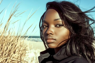 Stunning calm black girl - for ads, advertisement and digital marketing use. Commercial digital ads conceptual art. Long hairdo - beach waves hair. Chic advertising portraits. Model concept.