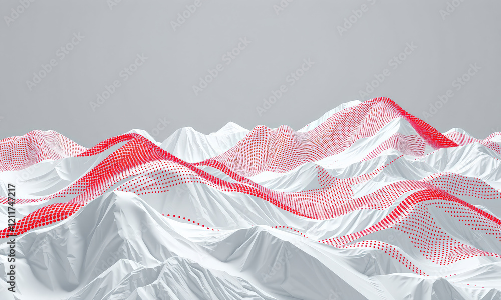 Poster abstract landscape with white mountains and red dotted patterns creating modern, artistic effect. de