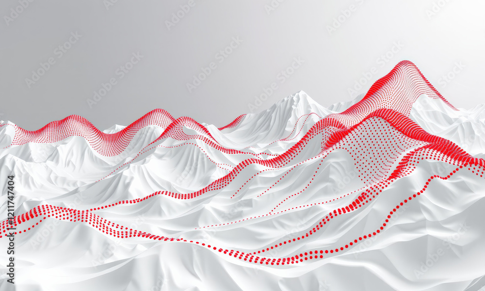 Poster abstract landscape with white waves and red dotted lines creating dynamic visual effect, evoking sen