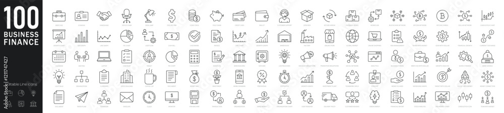 Poster business finance line editable icons set. vector illustration in modern thin line style of business 