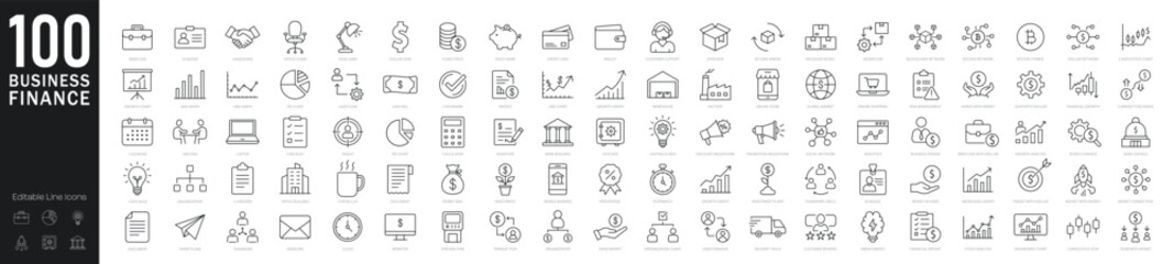 Business finance line editable icons set. Vector illustration in modern thin line style of business and finance icons. Financial tools, business operations, growth analysis - stock vector