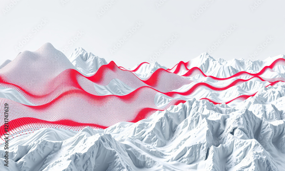 Poster abstract landscape with red wave patterns over snowy mountains, creating striking visual contrast an