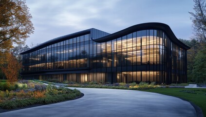 Naklejka premium Modern Glass Corporate Building at Dusk