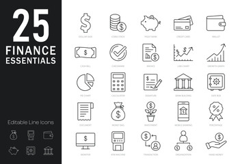 Finance essentials line editable icons set. Vector illustration in modern thin line style of financial icons. Money management, banking, financial growth - stock vector